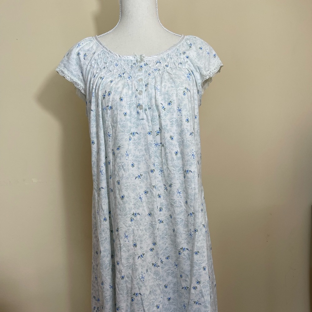 Vintage Miss Elaine Nightgown Blue Floral Lace Neckline/Arm Sleeves Women Small